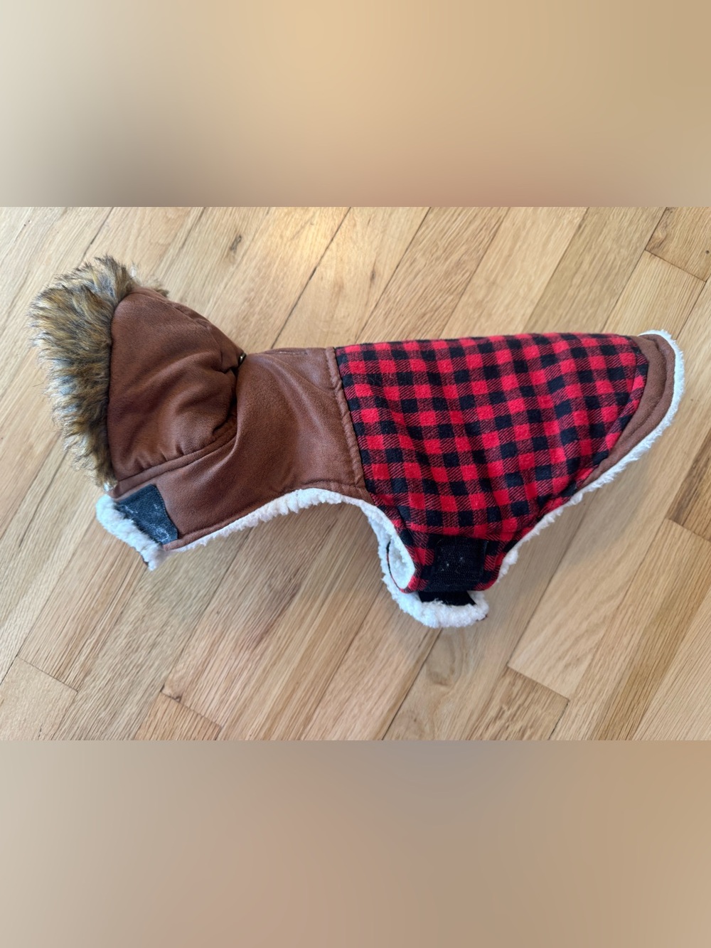 Dog Brown Faux-Leather & Red Buffalo Plaid Hooded Jacket